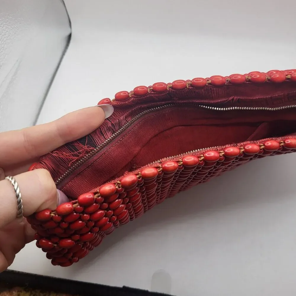 Antique Woven Wooden Beaded Clutch Handbag Made in Czechoslovakia 10in by 6in